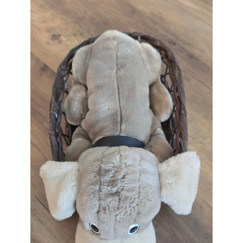 Vintage 1985 Animal Playthings Inc Plush Dog with Woven Basket Tan Puppy Korea